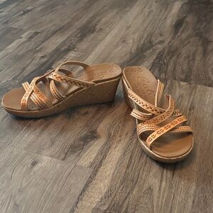 Stylish Tan Wedge Sandals Cali by Skechers Luxe Foam